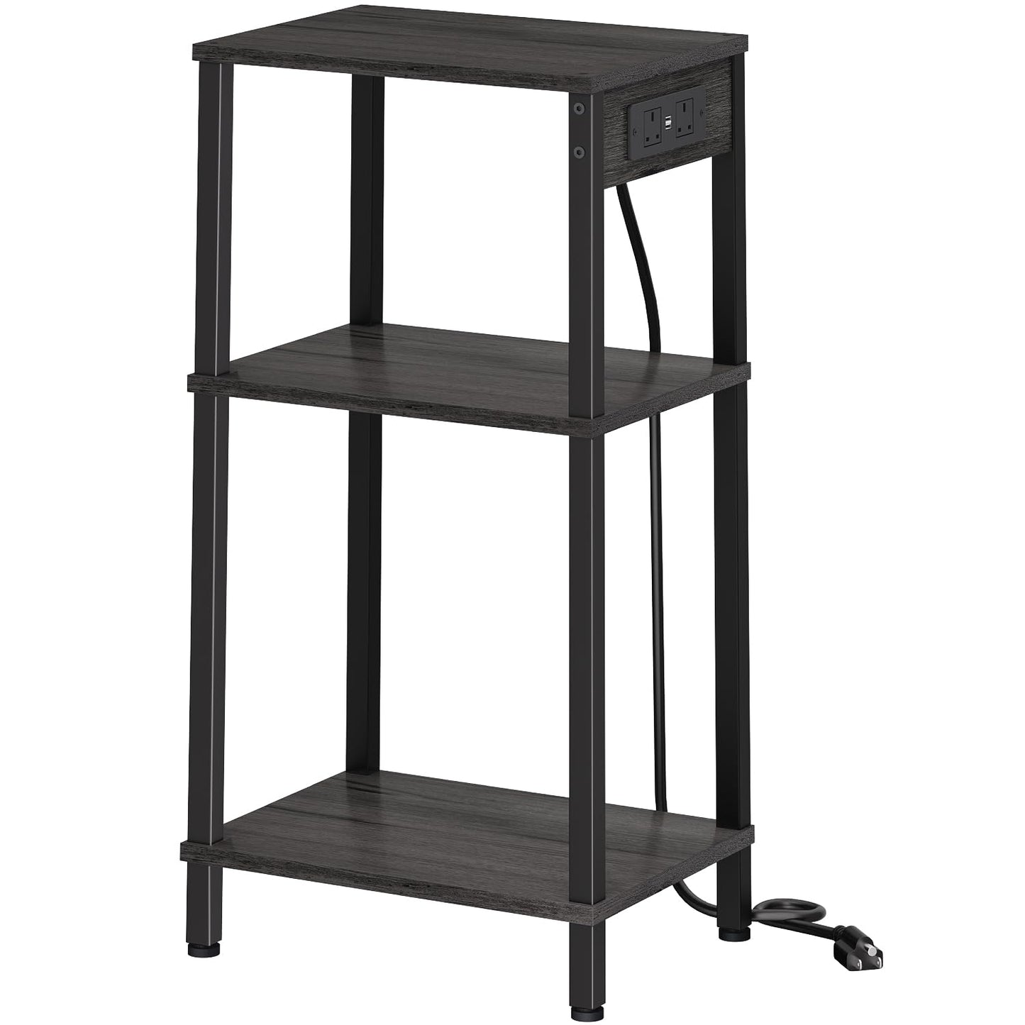 Asgolion Side Table with Charging Station, 3 Tier Tall Slim Side Table with USB Ports and Outlets, Narrow Tall Nightstand with Storage for Bedroom