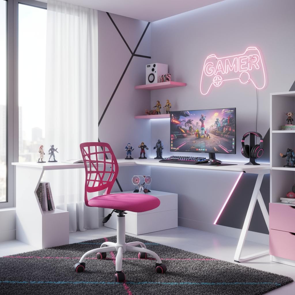 FurnitureR Compact Gaming Chair, PP Hollow Backrest, Adjustable Height, Ergonomic Swivel Foam Seat, 5 Wheels Iron Base, for Reading, Drawing, Gaming