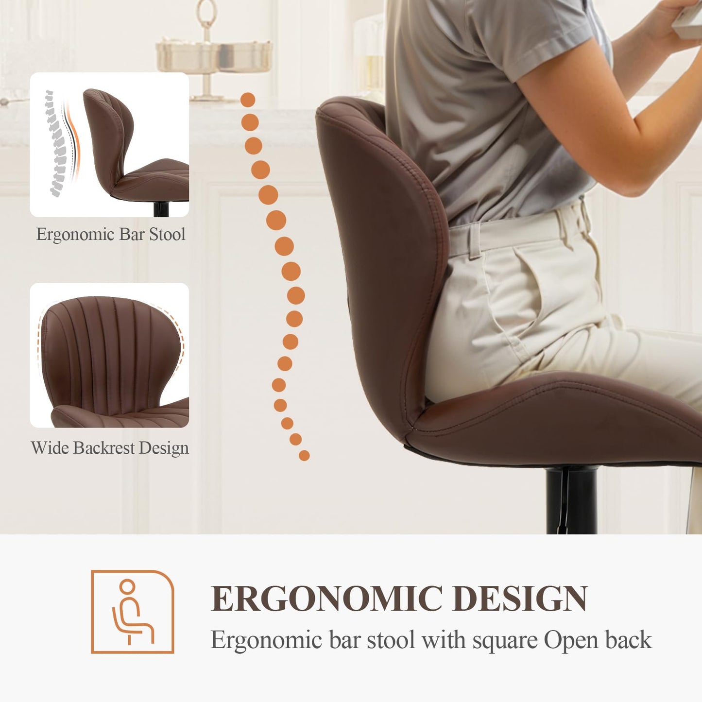 COLAMY Breakfast Bar Stools Set of 4, Modern Swivel Kitchen Bar Chairs, Adjustable PU Leather Upholstered Barstools Counter Height with High Backrest