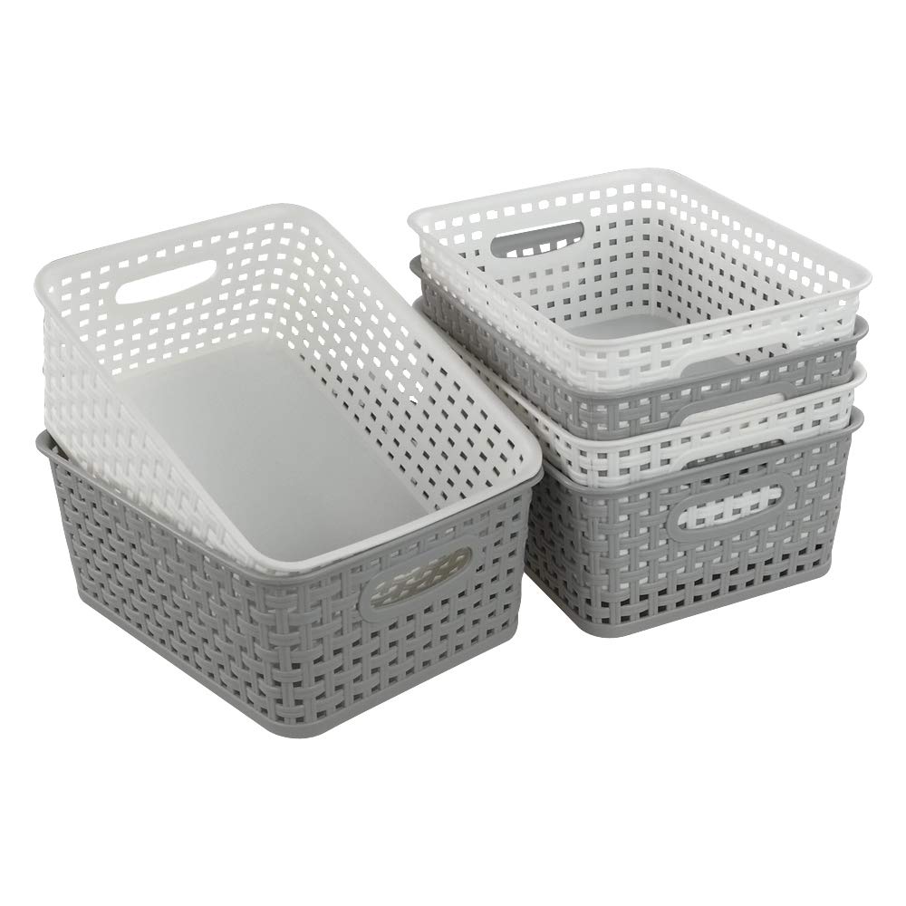 Dynko Plastic Weave Rattan Storage Basket, 6 Packs, Grey White