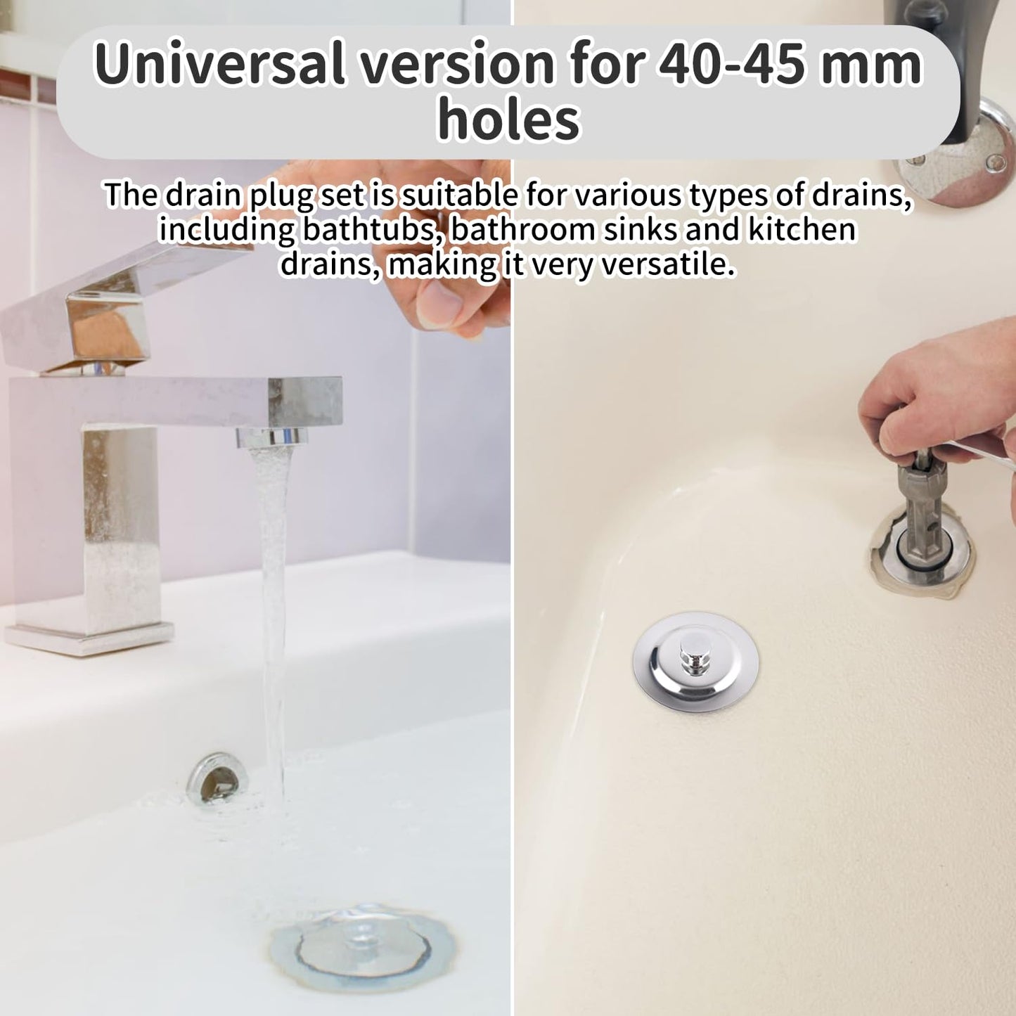 Universal Bath Plug for 40-45mm Drain Holes – Stainless Steel & Silicone Sink Stopper for Bathtubs, Kitchen & Bathroom Sinks – Watertight Seal