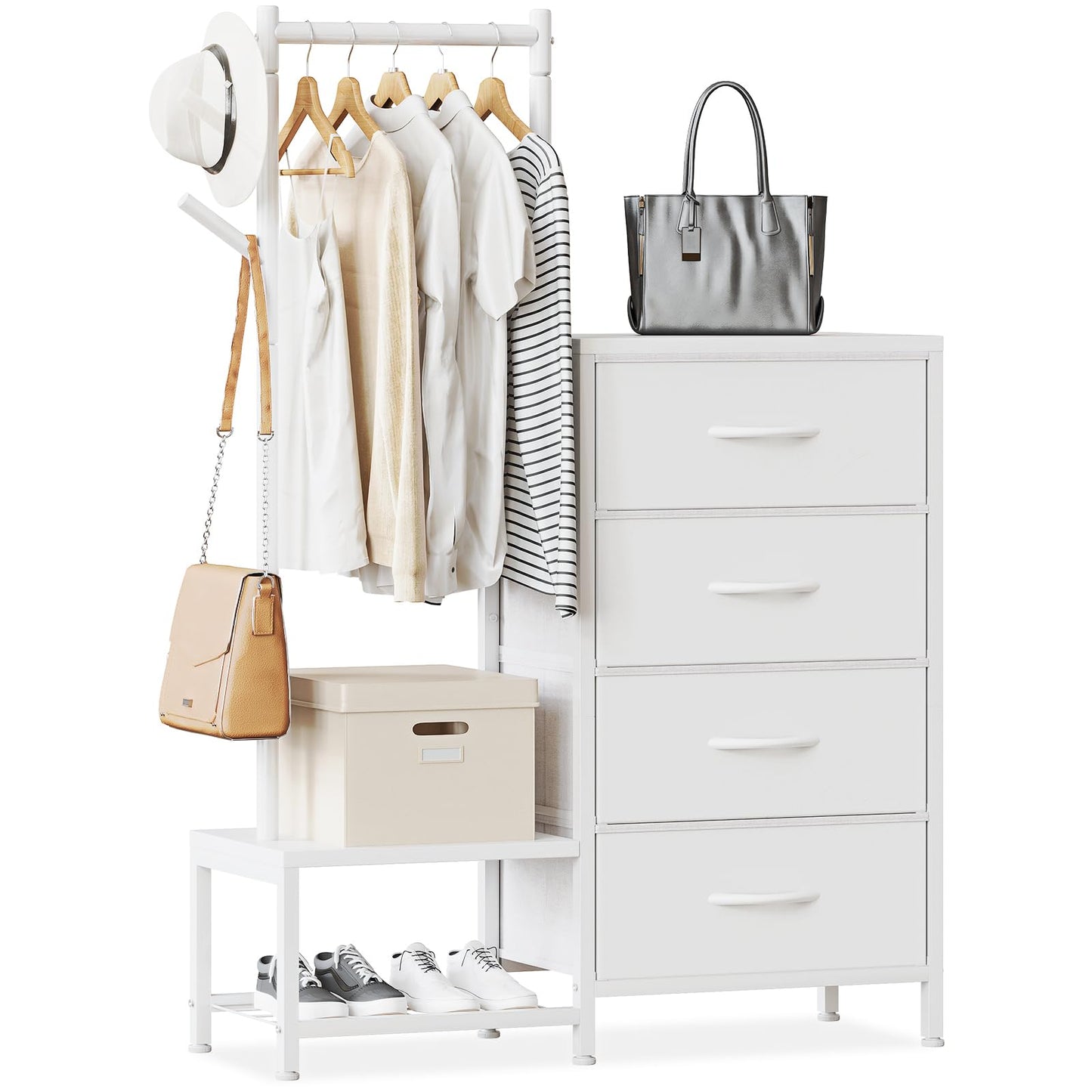 ODK 3 in 1 Chest of Drawers Bedroom, 4 Fabric Drawers, White, 30x75.5x120cm