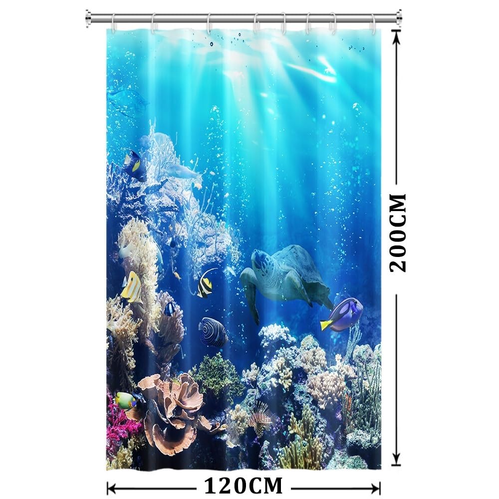 Xiaoterna Ocean Shower Curtain Underwater Marine Life Sea World Turtles Fishes Bathroom Curtain Coral Reef Floral Washable Waterproof Mildew