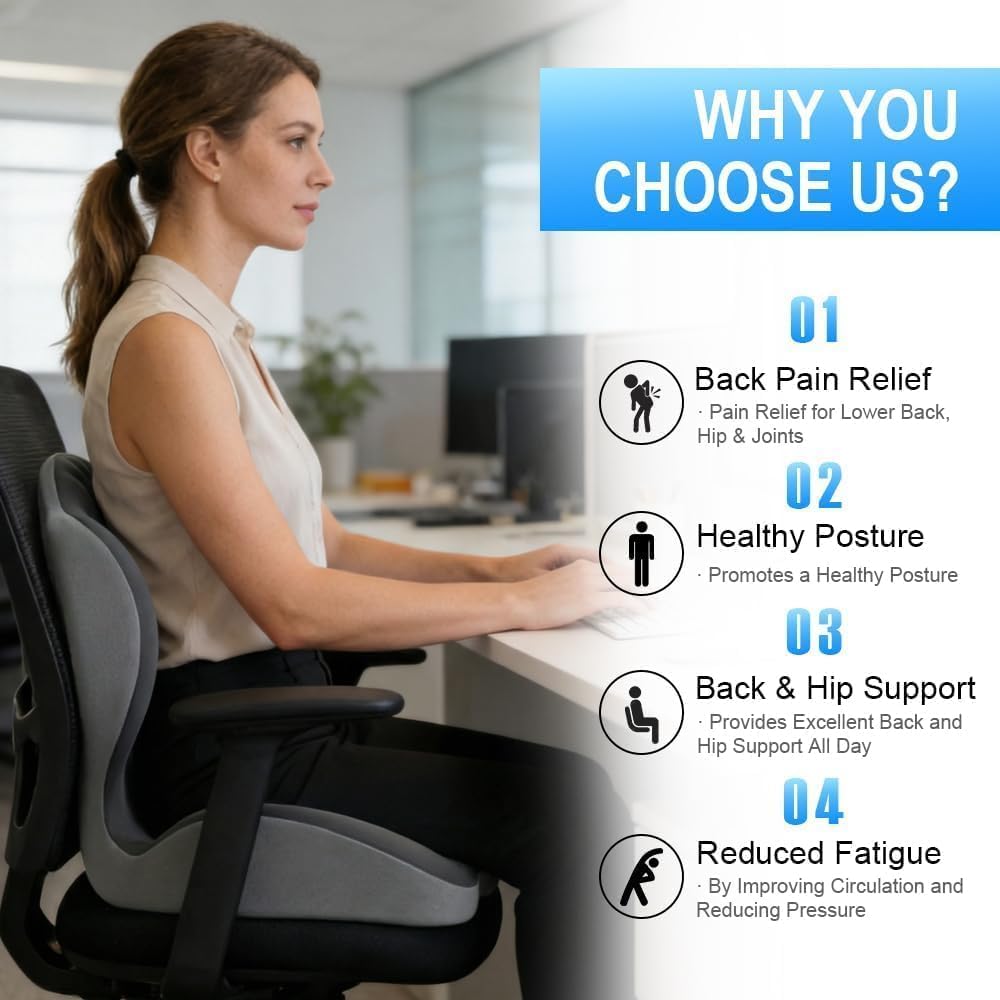Gresonic Ergonomic Memory Foam Seat Cushion, For Office, Car, Gaming & Dining Chairs, Sciatica, Tailbone & Coccyx Pain Relief