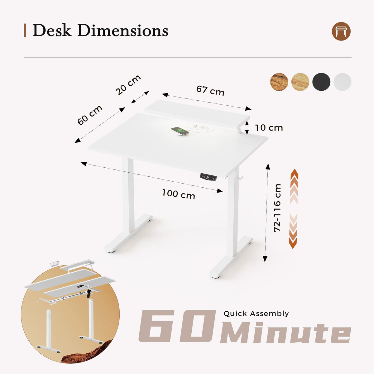 Klicelor Electric Standing Desk, Led & Plug, Movable Monitorstand, 100x60