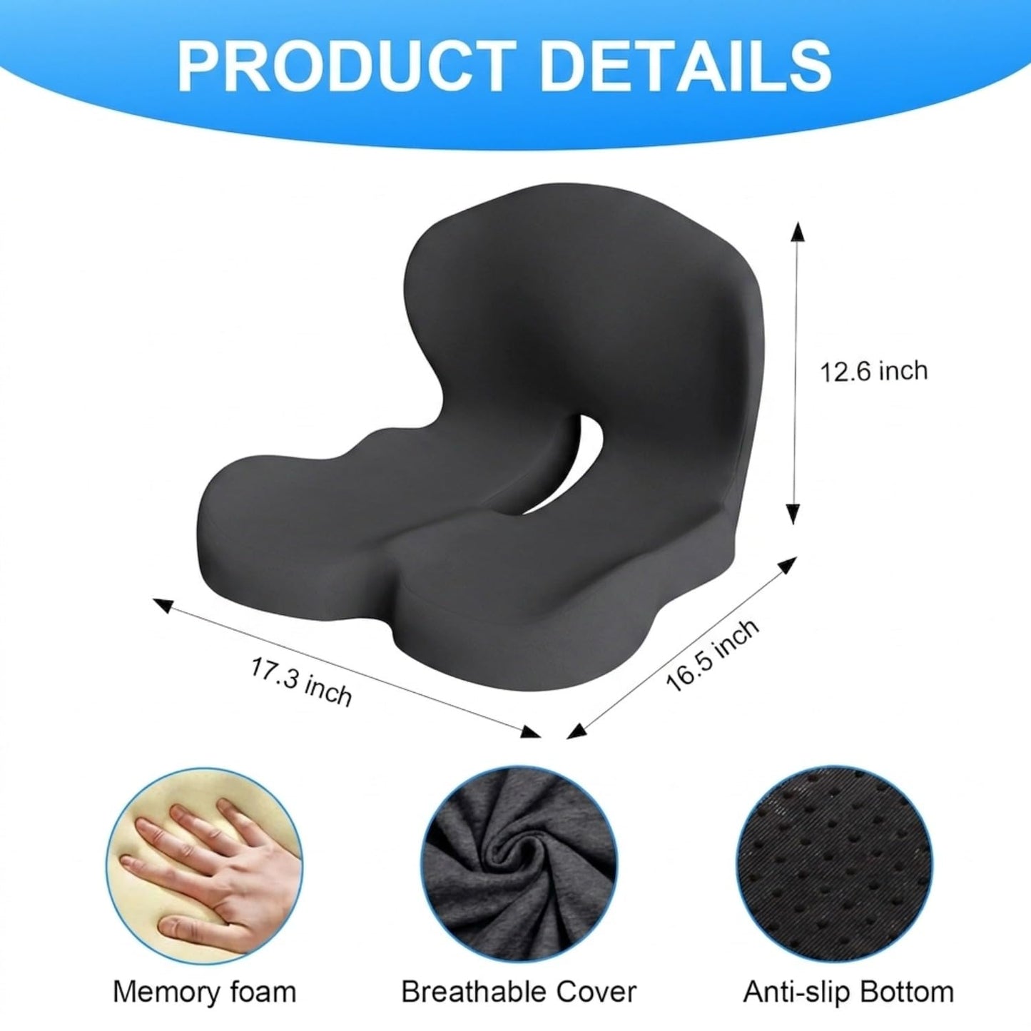 Gresonic Ergonomic Memory Foam Seat Cushion, For Office, Car, Gaming & Dining Chairs, Sciatica, Tailbone & Coccyx Pain Relief