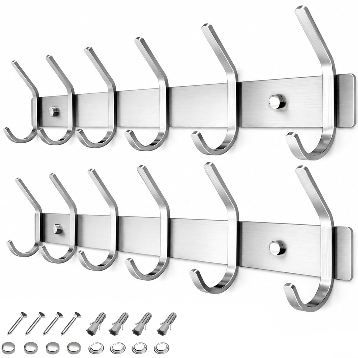TINIFO Coat Hooks Wall Mounted - Stainless Steel Coat Rack 6 Hook for Hallway, Door 2 Pack, Silver