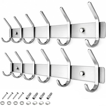 TINIFO Coat Hooks Wall Mounted - Stainless Steel Coat Rack 6 Hook for Hallway, Door 2 Pack, Silver