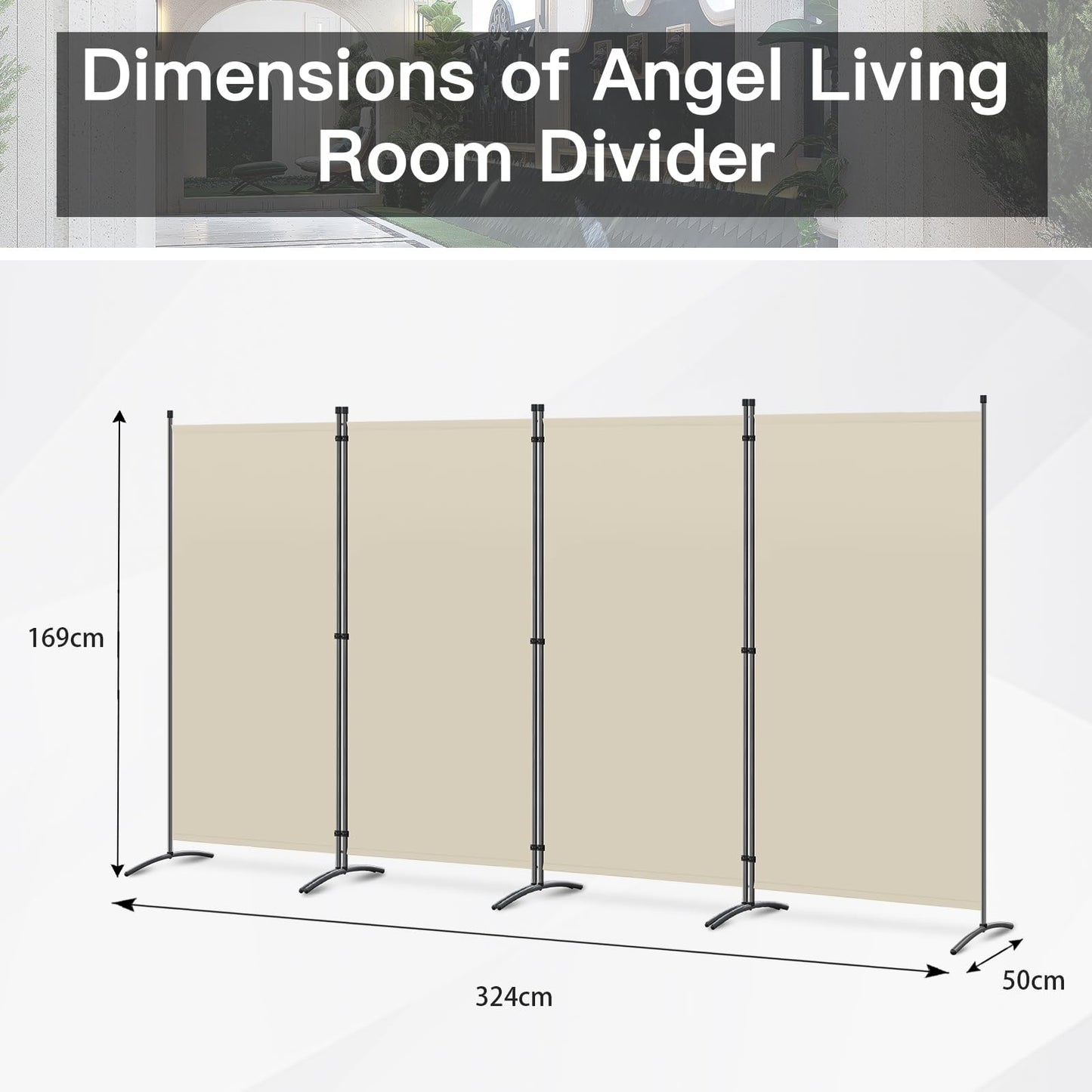 Angel Living 4 Panels Folding Room Divider | Privacy Screen with Polyester Fabric & Sturdy Iron Frame | Freestanding Partition for Office, Bedroom