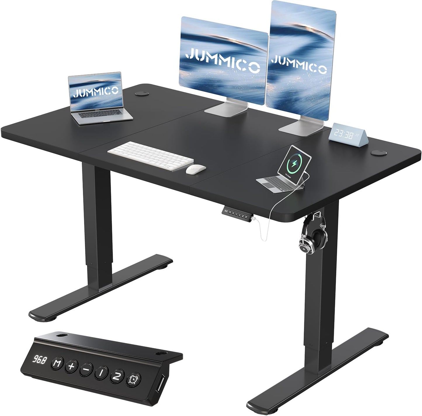 JUMMICO 120x60cm Electric Standing Desk with USB Charging Height Adjustable Desk with Sedentary Reminder Stand Up Desk with Splice Board for Home