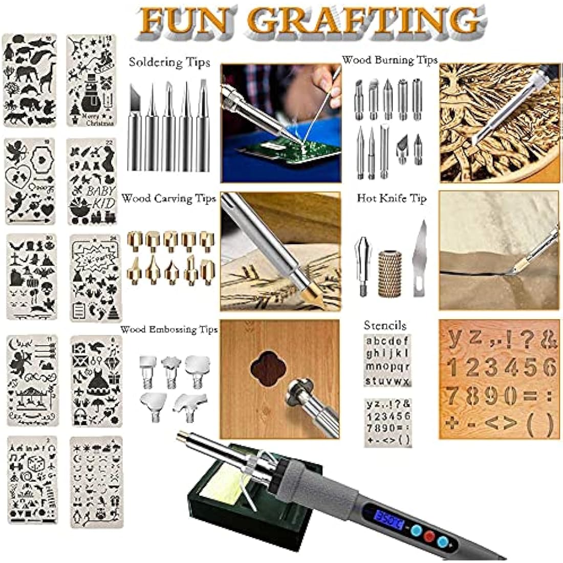 Wood Burning Kit 77Pcs, 60W LCD Adjustable Temperature Soldering Pyrography Wood Burning Set Tool Pen and Accessories,Graphics, Soldering Irons,woodburning Embossing Carving…