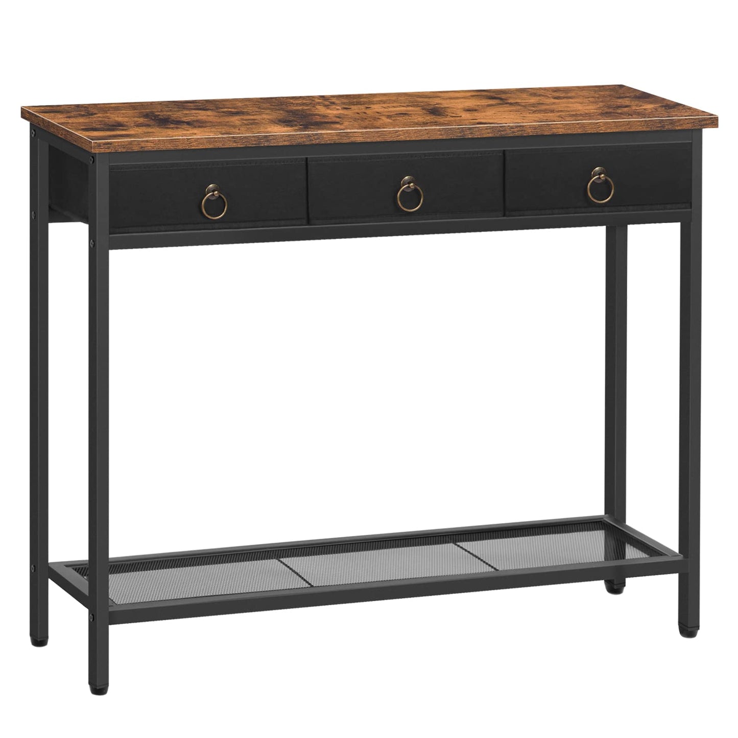 HOOBRO Console Table, Hallway Table, Slim Sofa Table with 3 Non-woven Drawers, Metal Mesh Frame, Sturdy, Narrow Side Table for Small Spaces, Entrance