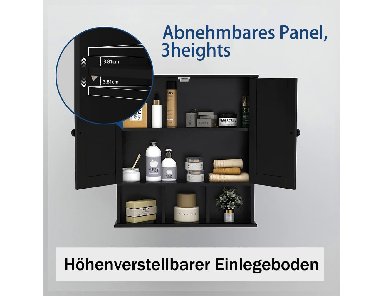 Wall Cupboard, Bathroom Cabinet, Hanging Medicine Cabinet, Medicine Cabinet, Two-Door Wooden Bathroom Cabinet with Adjustable Shelves and Open