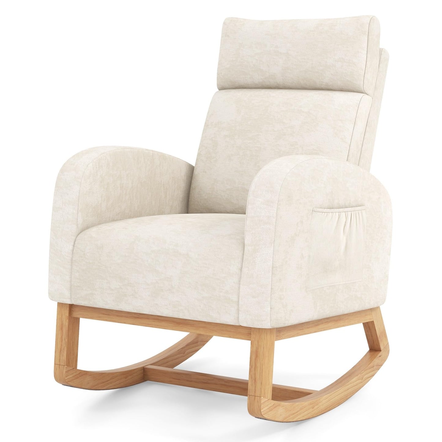 RELAX4LIFE Nursing Rocking Chair, Upholstered Chenille Fabric Relax Rocker Armchair with Headrest, Side Pockets & Solid Wood Legs