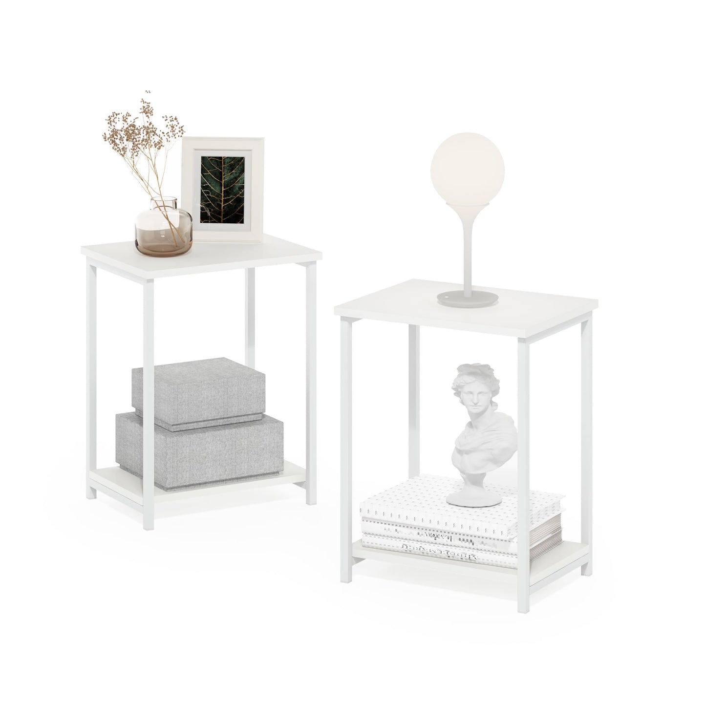 Furinno SIMPLISTIC Side Table Set of 2, 2-Tier Metal Frame End Table with Open Shelf, Night Stand, Bedside Table, for Living Room, Bedroom, White
