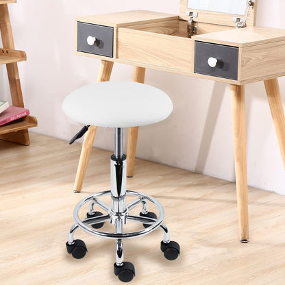 KKTONER Swivel Rolling Stool Height Adjustable PU Leather Cushion Salon Vanity Massage Office Stool Chair Small White