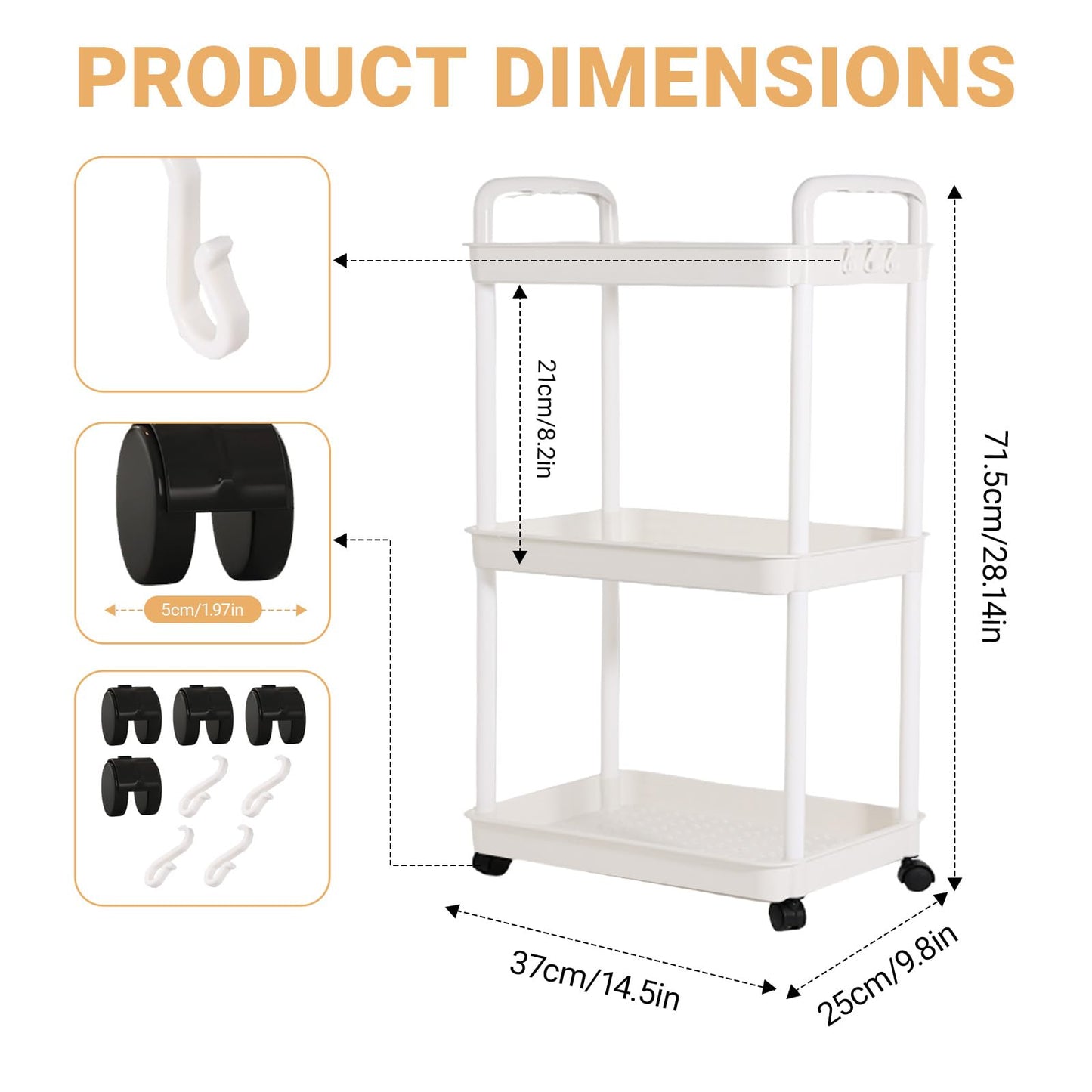 3 Tier Storage Trolley Cart Rolling Utility Storage Cart Kitchen Trolleys Bathroom Storage Shelves with 3 Hooks Plastic No Screws Needed for Living