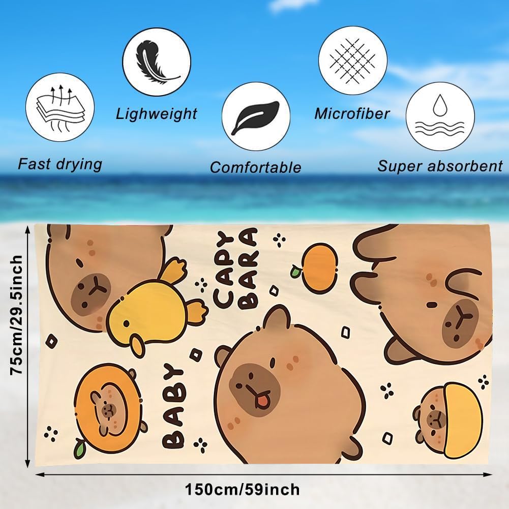 Spiritzohic Capybara Beach Towels, Capybara Bath Towels Swimming Towel Quick Dry Microfibre Towel Sandproof Beachs BathTowels for Travel, Holiday