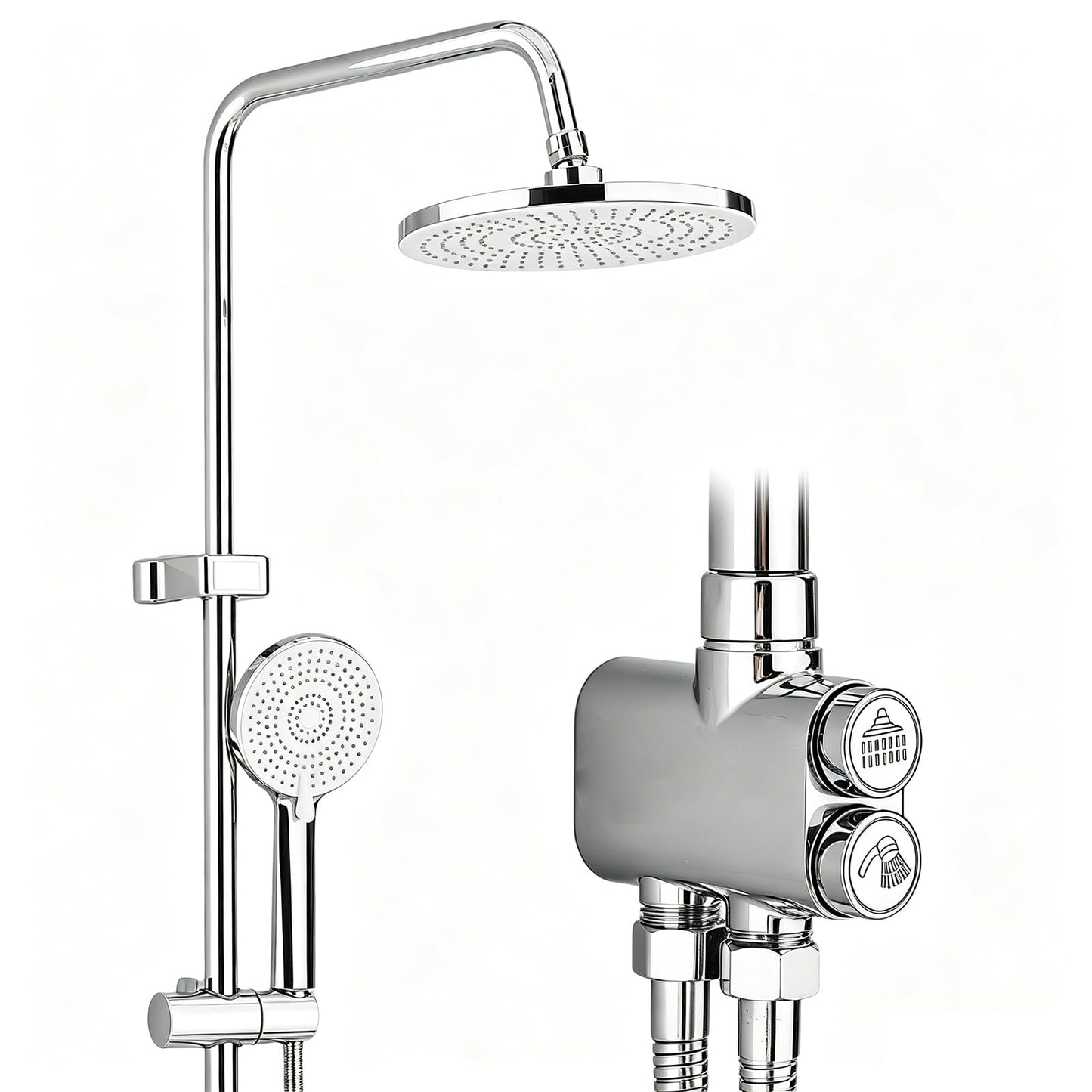 Shower Riser Rail Kit Chrome 10" Round Rainfall Shower Head and 3 Jet Types Handheld Shower Height Adjustable Shower Set Without Mixer Tap Brass