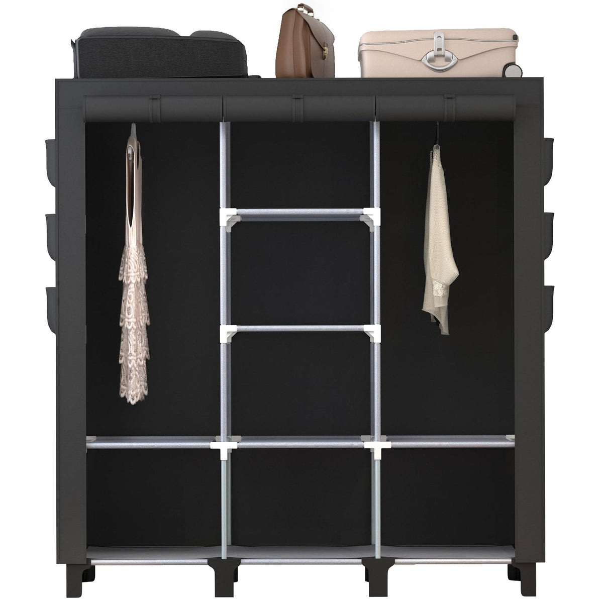 chunyangjingpin Portable Closet with 2 Hanging Rails & 8 Shelves, Bedroom Wardrobe with 18 Side Pockets, Foldable Garment Organiser Black