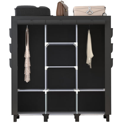 chunyangjingpin Portable Closet with 2 Hanging Rails & 8 Shelves, Bedroom Wardrobe with 18 Side Pockets, Foldable Garment Organiser Black