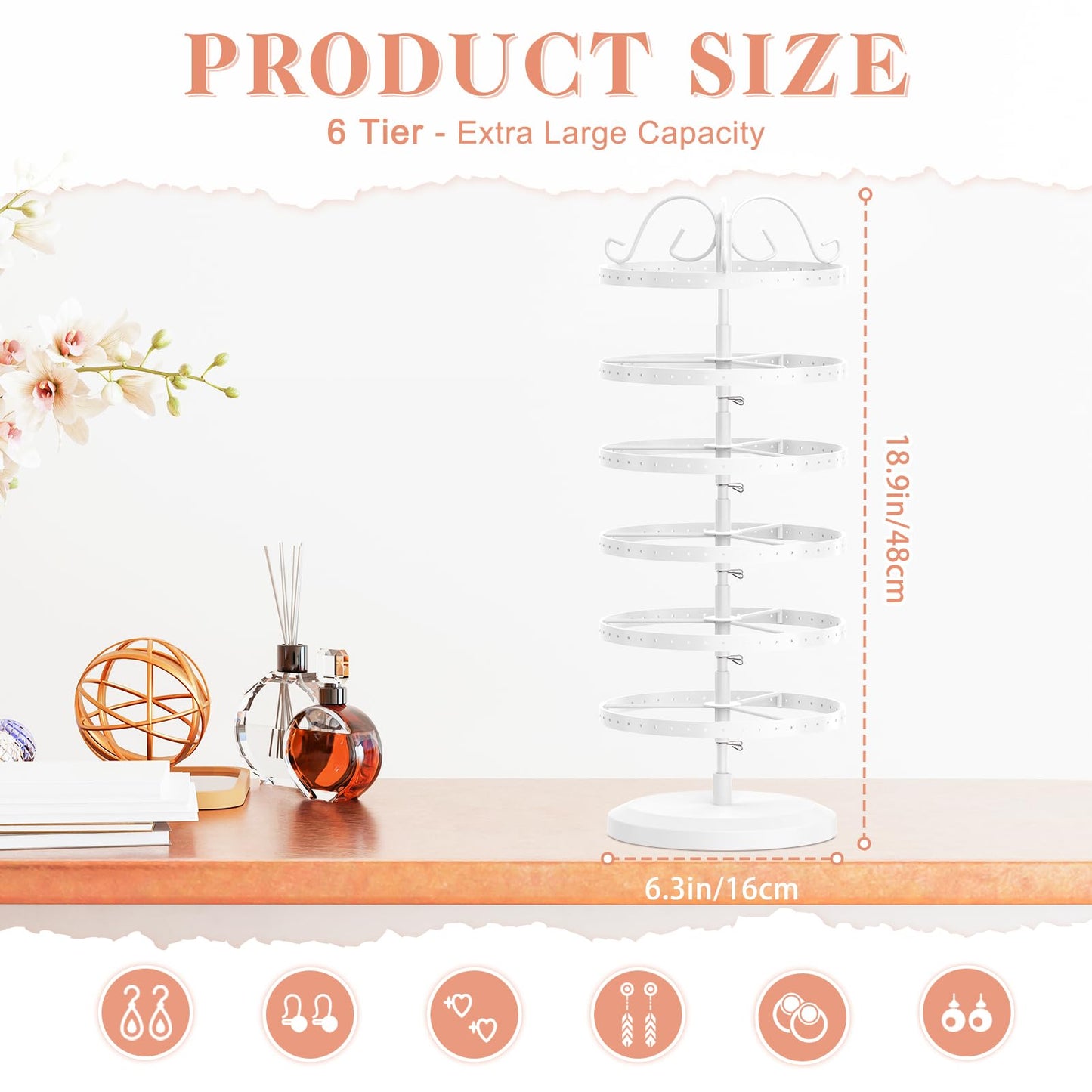 iDavosic.ly 6 Tier Metal Rotating Earring Holder Organizer Stand, White