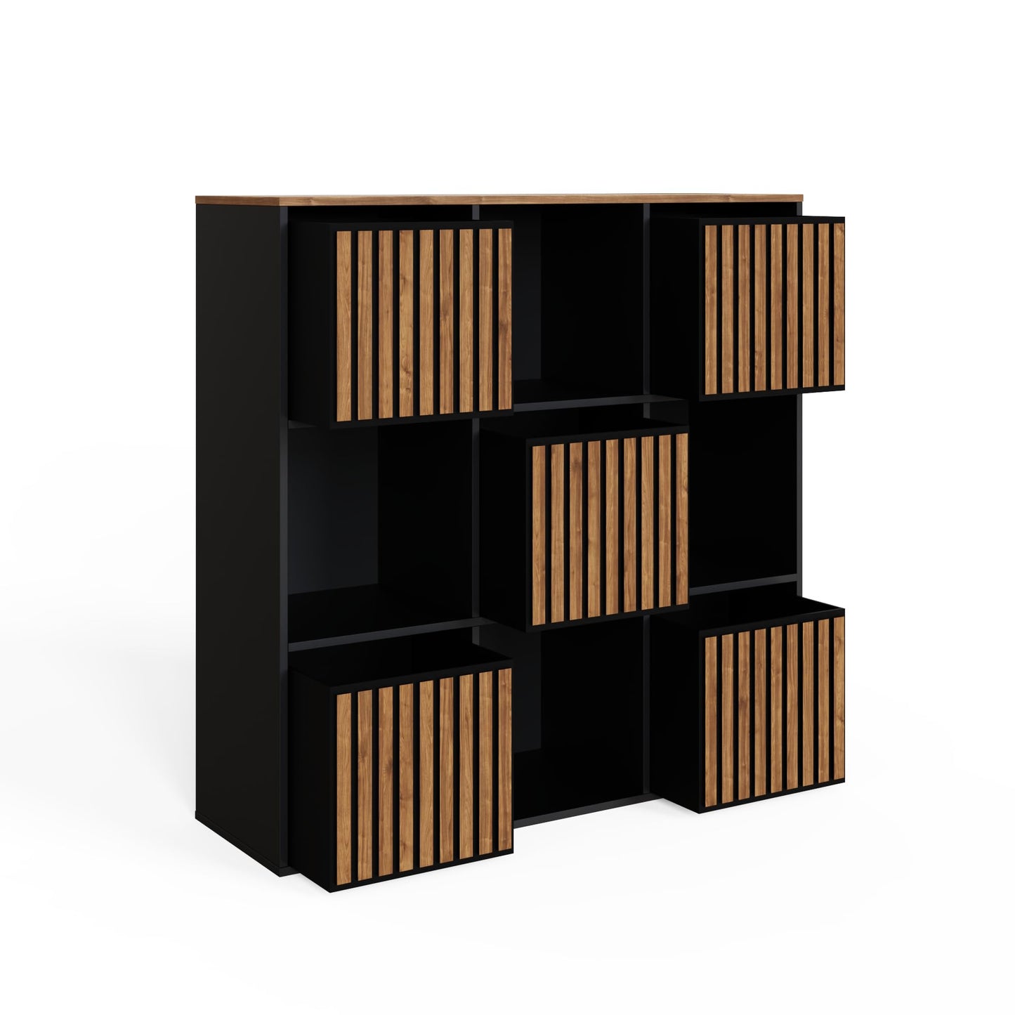 GFW Kube Cube 3x3 Storage Unit, Black & Walnut Effect Shelving Unit with Open & Hidden Storage