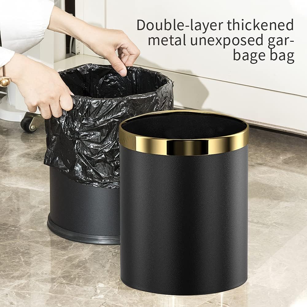 LEASYLIFE 10L/2.6GAL stainless steel trash bin,open top office wastebasket,small waste bin for office,bathroom,bedroom,hotel black