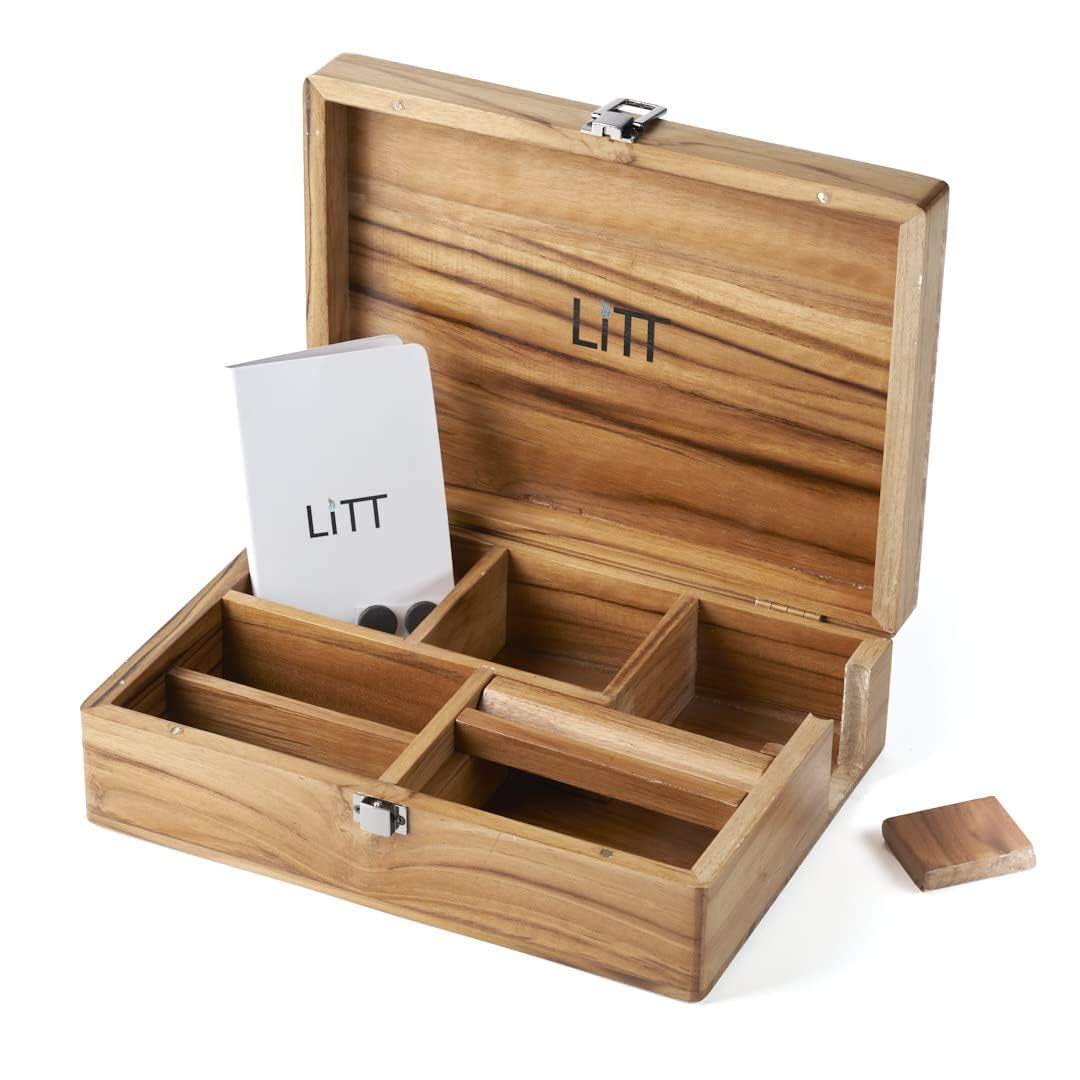 LITT Portable Teak Wooden Stash Box - Rolling Storage Set with Tray, Accessory with Lid - Discreet Secure Storage