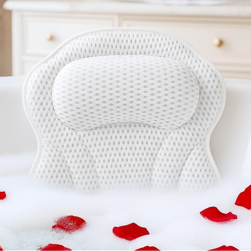 Bath Pillow LAVISMA Ergonomic Bathtub Cushion with 4D Breathable Mesh, Head, Neck, Shoulder & Back Support, 6 Strong Suction Cups