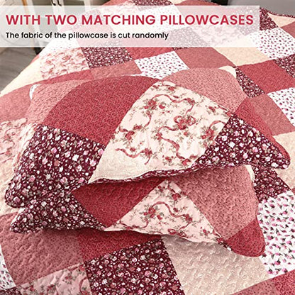 Qucover Quilted Bedspread Super King 250x270cm, Multicolour Print Bright Red Pink Beige Patchwork Quilt with 2 Pillow Shams, Lightweight Soft