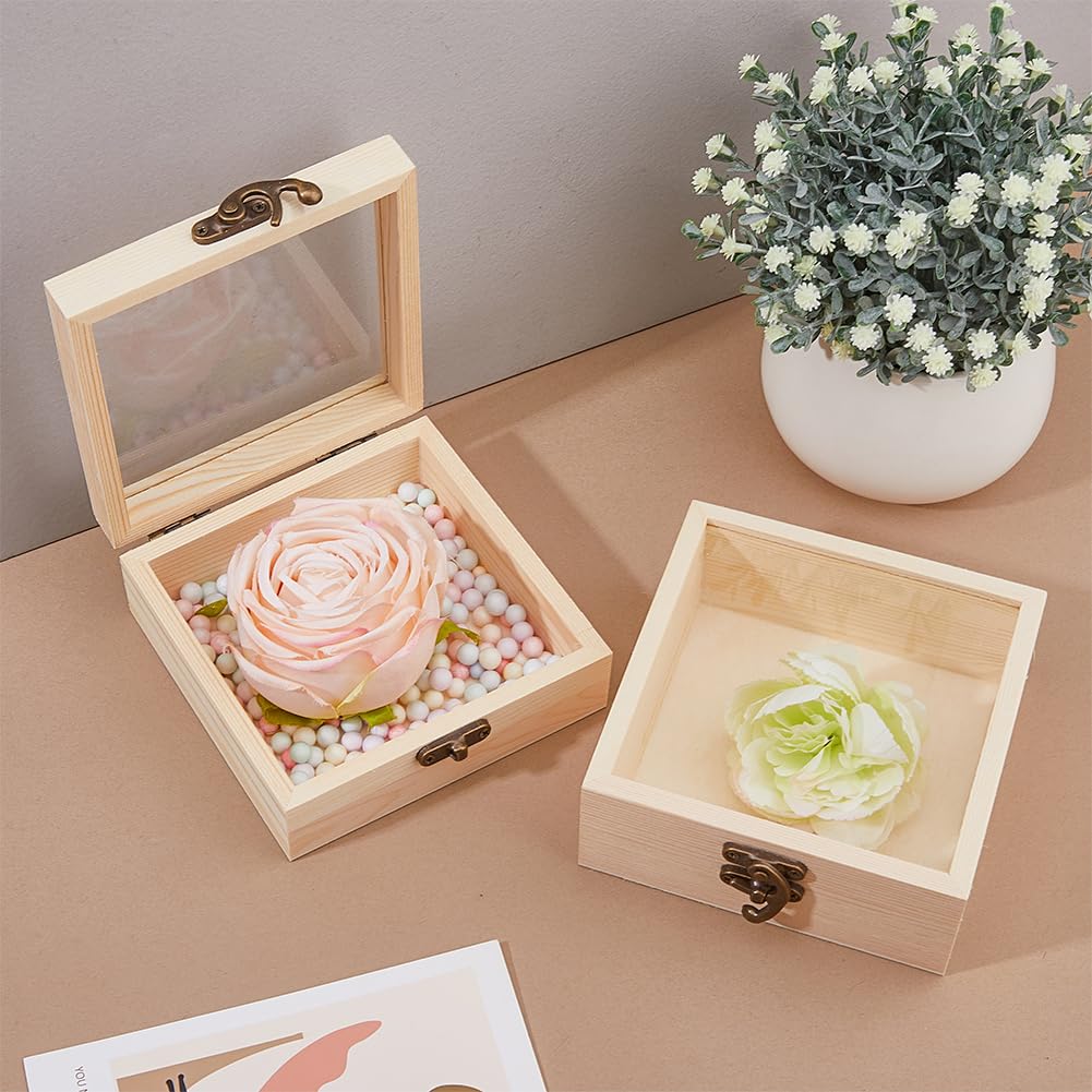 DICOSMETIC 2pcs Wooden Box with Glass Lid Small Wooden Box with Clear Lid Unfinished Wood Gift Boxes with Metal Clasp for Jewelry Storage Gift