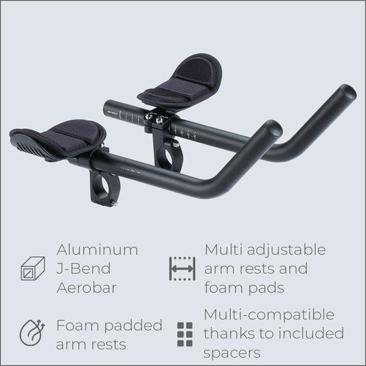 BBB Cycling AeroMax Aluminium Tri Bars | J-bend Aerobars for Road Bikes | Multi-adjustable PU Arm Pads | Compatible with 25.4/31.8 mm Bike Handlebars