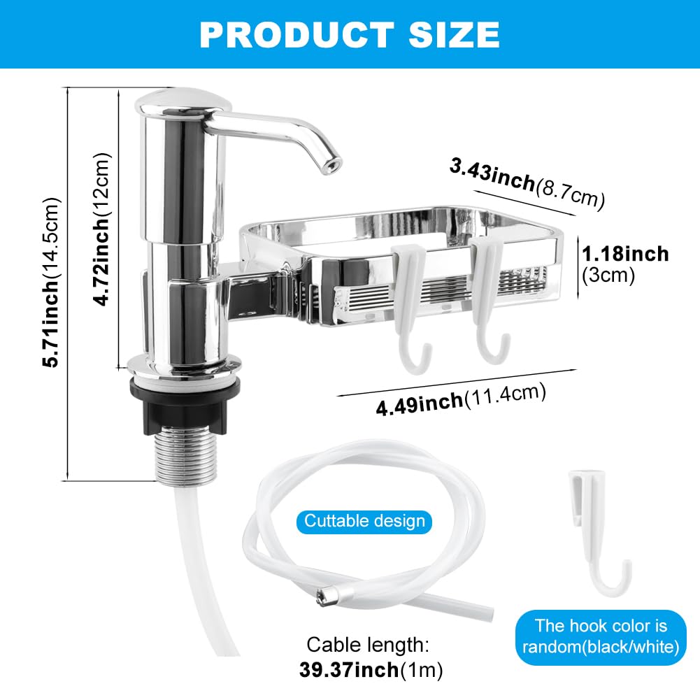 Dish Soap Dispenser for Kitchen Sink, Built in Soap Dispenser Pump with Sponge Holder,Long Mouth Outlet