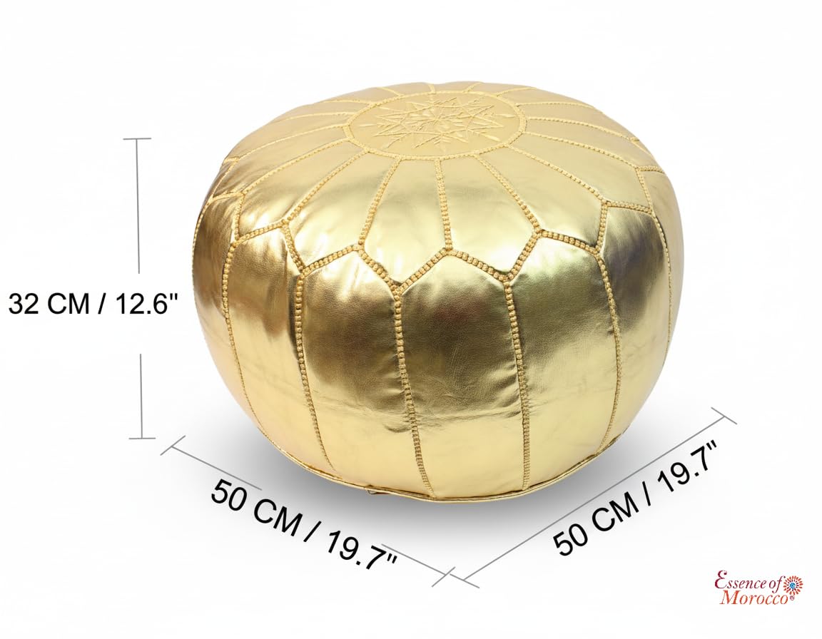 ESSENCE OF MOROCCO Moroccan Pouffe Pouf Footrest Footstool Ottoman Gold Faux Leather Handmade Hand-stitched with Embroidered Pattern Marrakech Design