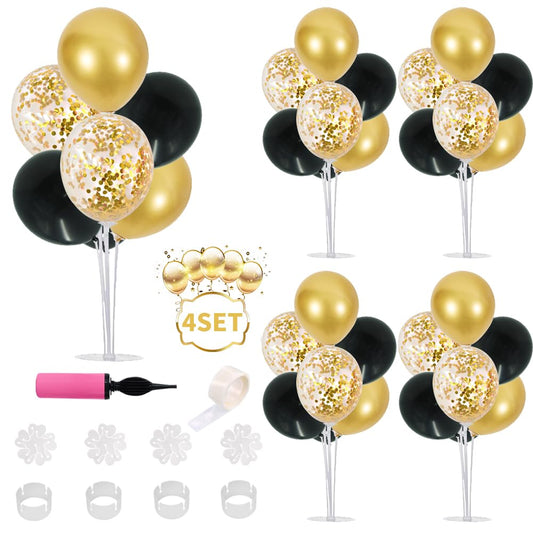 Balloon Stand Kit 4 Sets for Table Centerpieces Include 32 Pcs Black Gold Latex Confetti Balloons for Birthday, New Years Eve 2026, Graduation, Happy