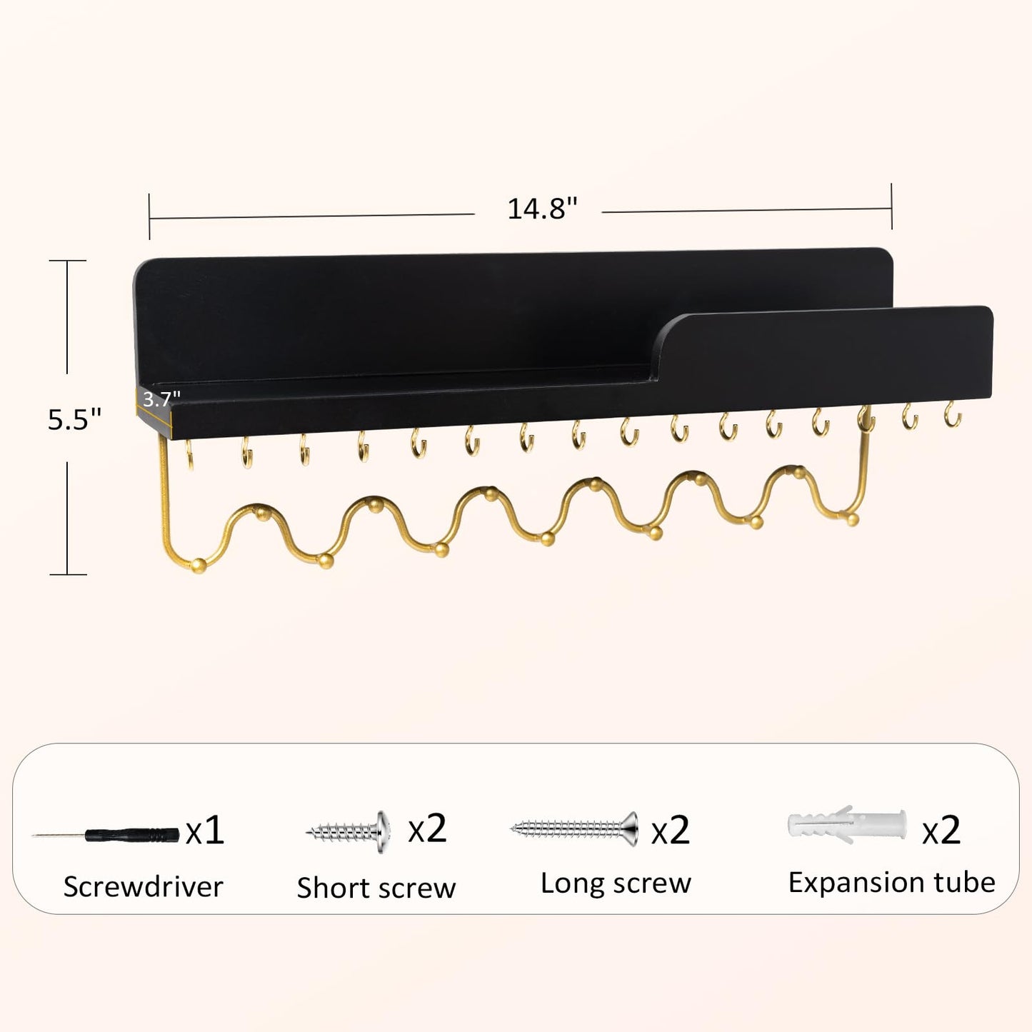 Lampaggio Hanging Jewelry Organizer with 29 Hooks and Cosmetics Shelf, Modern Wood Wall Mounted Jewelry Holder for Necklaces, Bracelets