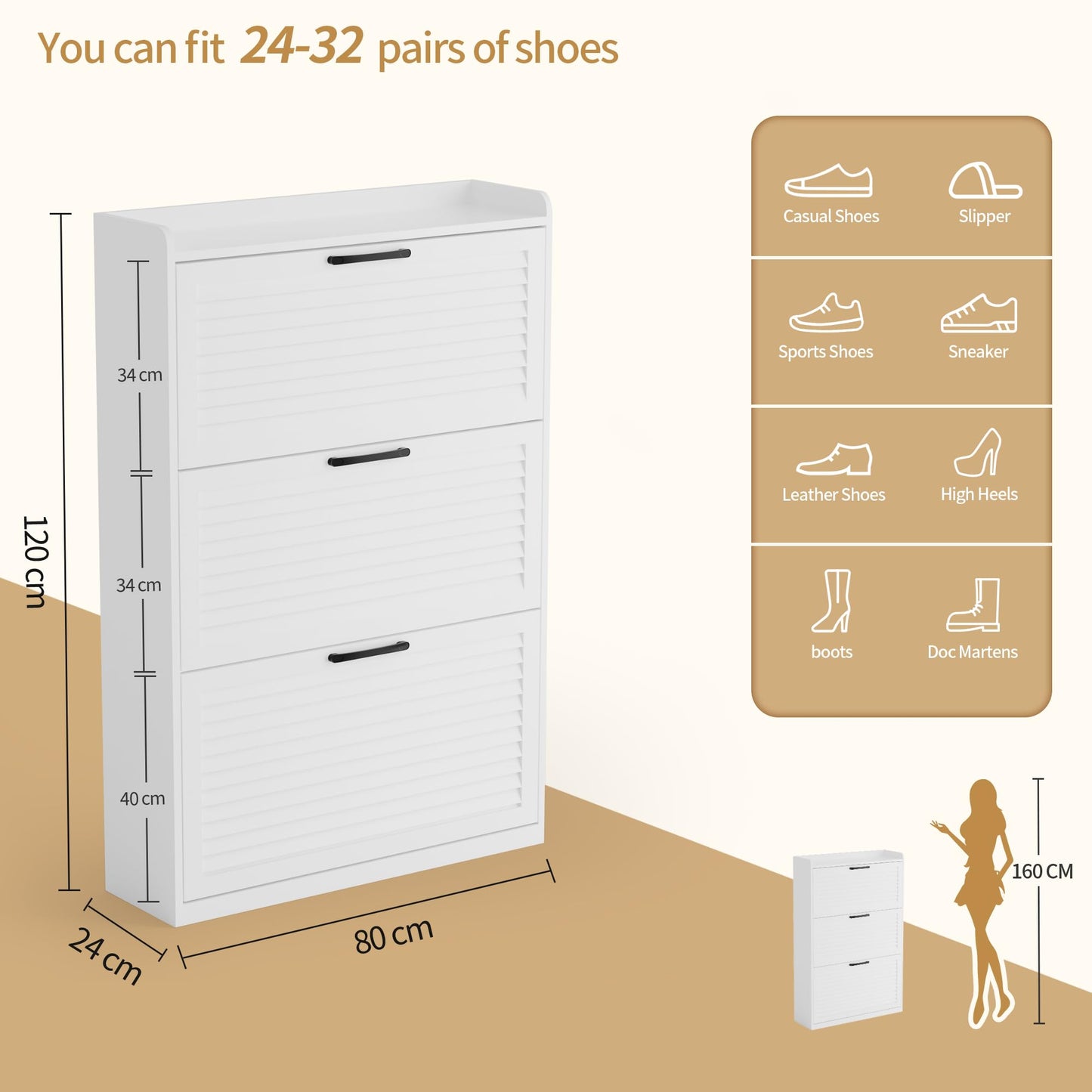 BonVache Shoe Storage Cabinet, Shoe Organizer Cabinet with 3 Flip Louvered Doors, Narrow Wooden Shoe Rack Cabinet with Adjustable Dividers For