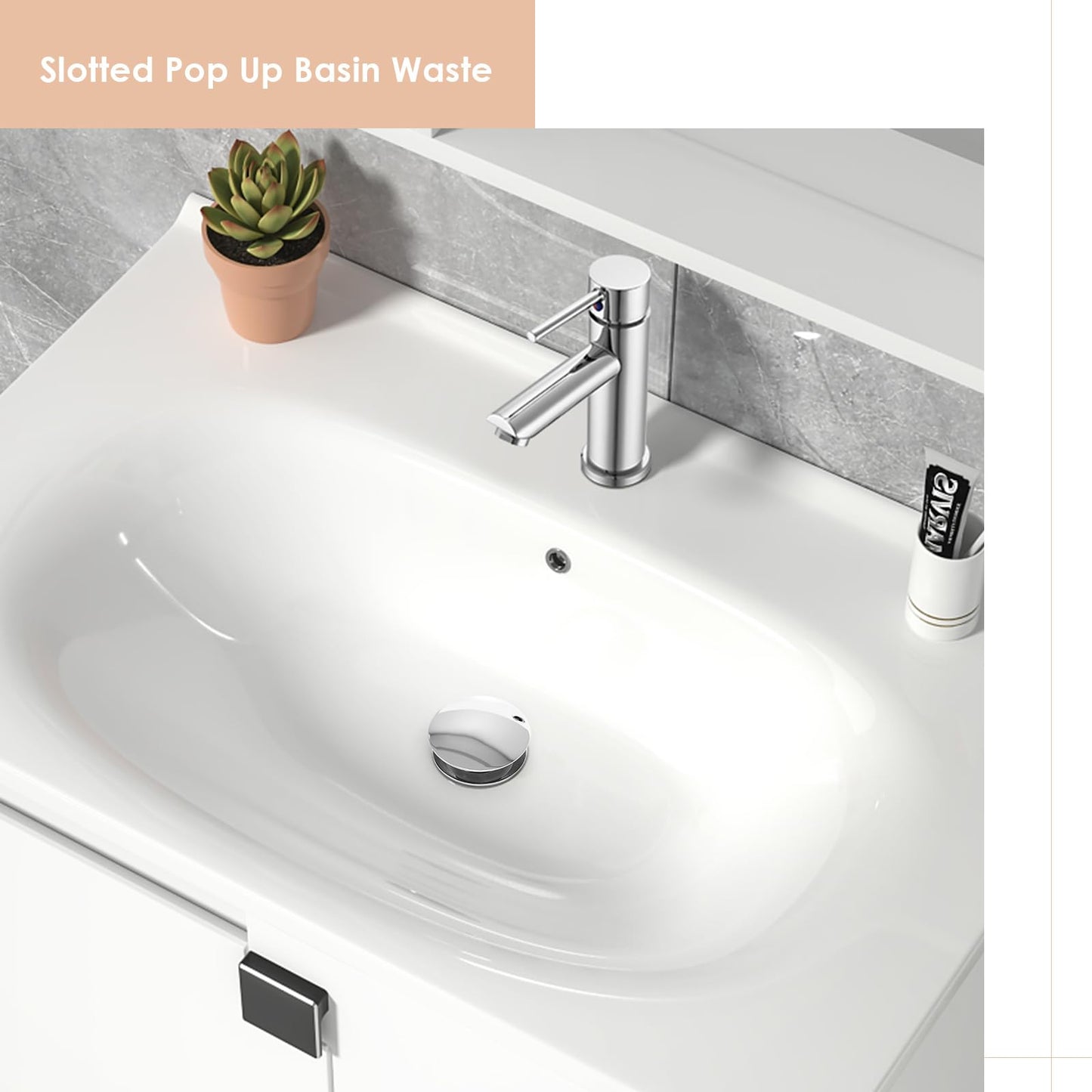 Peppermint Pop Up Sink Waste Slotted Click Clack Waste Plug with Overflow for Bathroom Basins, Vessel Sinks, Chrome Bathroom Basin Waste