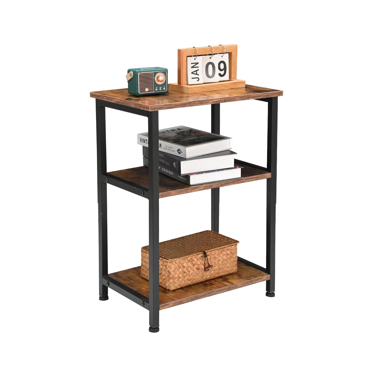 H JINHUI 3-Tier Side Table, Sofa End Table, Solid Wood Tall End Table with Storage Shelves, Nightstand Bedside Table for Living Room Bedroom Office