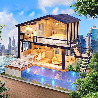 Cuteroom DIY Wooden Dolls House Handcraft Miniature Kit Model & Furniture-Time Apartment With Swimming Pool