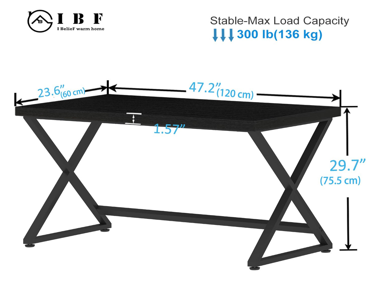 IBF Black Computer Desk, Simple Work Desk for Home Office, Industrial Writing Study Desk in Bedroom