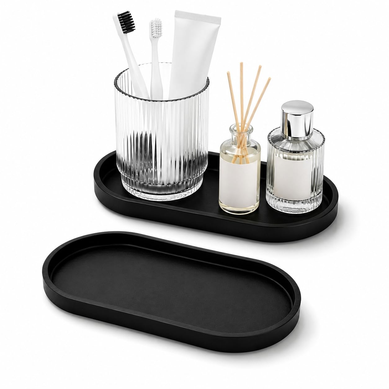2 Pcs Bathroom Tray, Silicone Black Tray for Perfume, Non-slip Waterproof Oval Storage Soap Trays for Bath Kitchen Toilet Dressing Table Store Rings