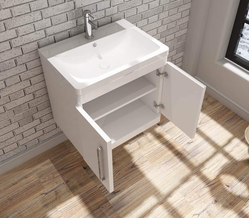 VeeBath ORI-WH60-WH Ceti Wall Mounted Hung Double Door Vanity Basin Cabinet Furniture Unit & Polymarble Sink-600mm, White