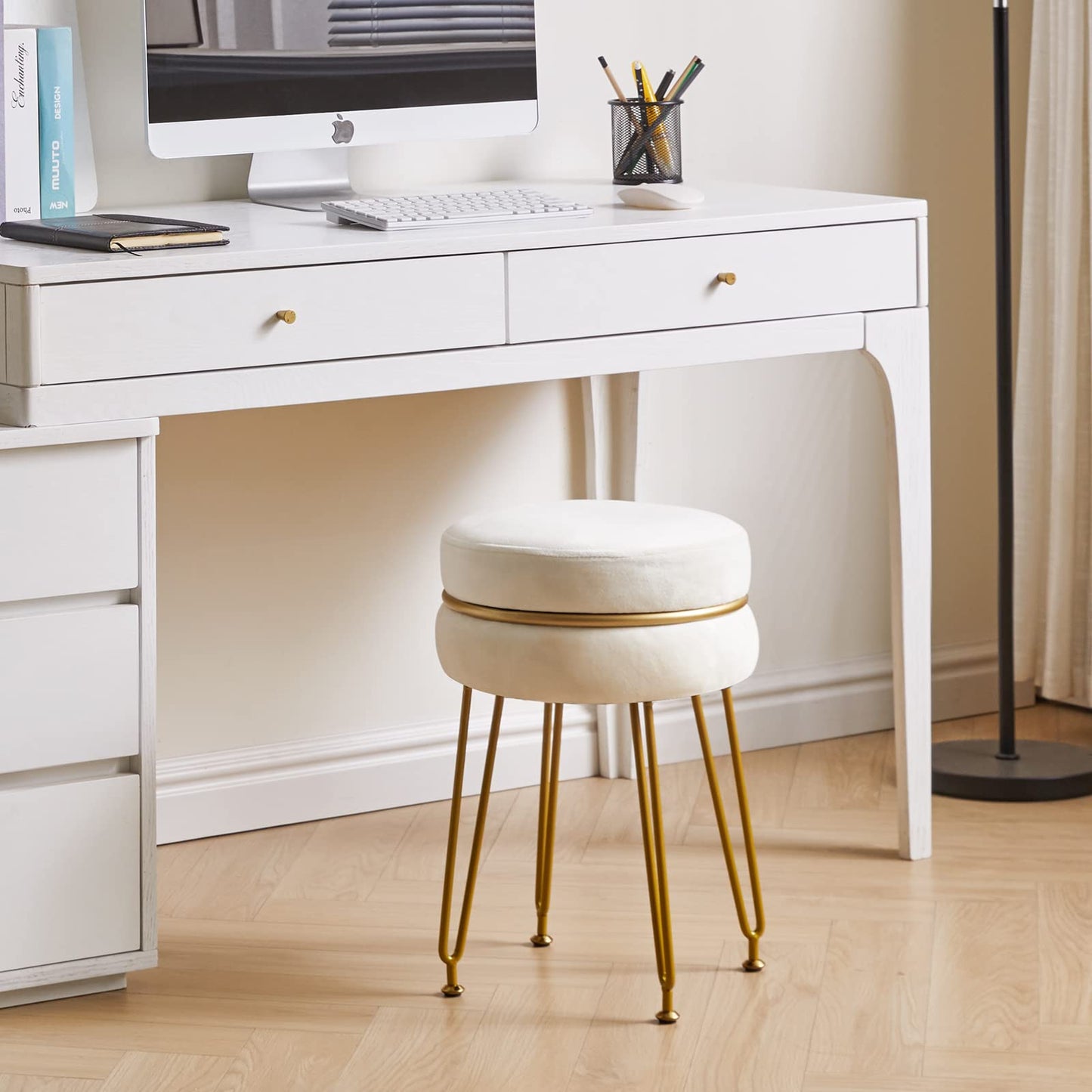 IBUYKE Velvet Round Footstool Ottoman, Vanity Chair Stool, White L/G-40M