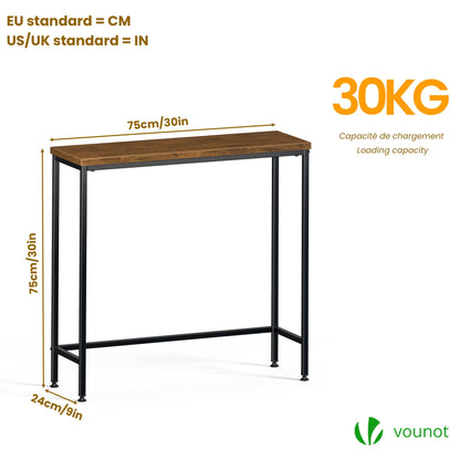 VOUNOT® Slim Console Table, Metal Frame Entryway Table, Small Sofa Side Table for Hallway, Living Room or Bedroom, 75x24x75 cm, Brown