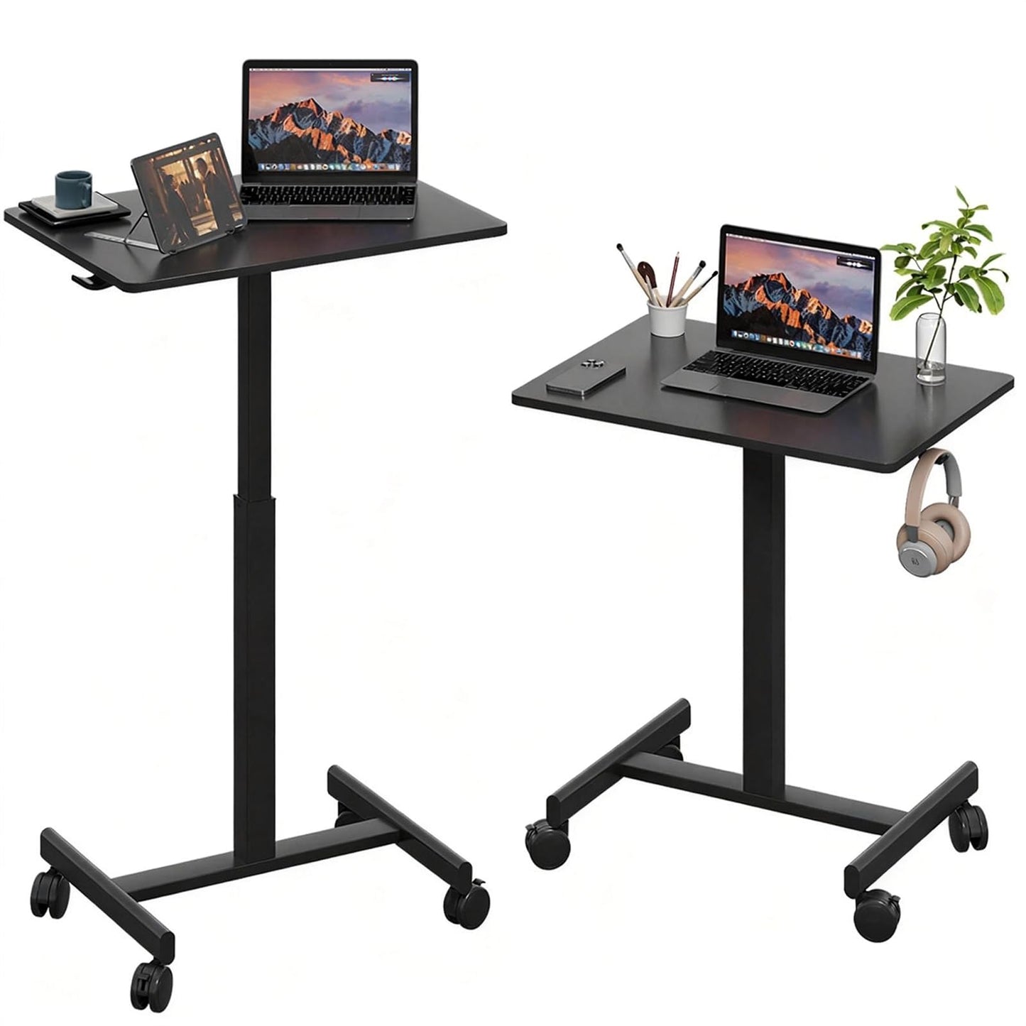 Gamork Mobile Desk on Wheels, Pneumatic Height Adjustable, Black
