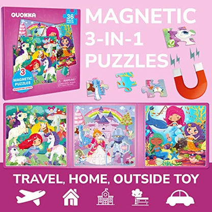 QUOKKA Magnetic Puzzles for 2 3 Year Olds - Travel Games for Kids Age 4 5 - Travel Toys for Toddlers on Plane Car Ride - 36 pc Jigsaw Princess Unicorn Games For 3 year olds - Plane Activities For Kids