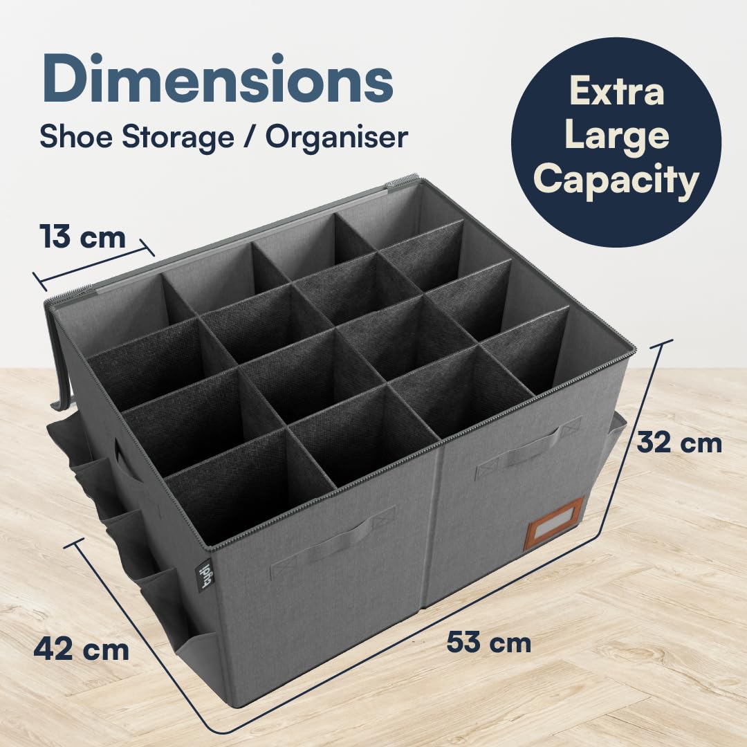 Tydi Large Shoe Storage Box, Clear Zip Cover, 16 Compartments, Grey