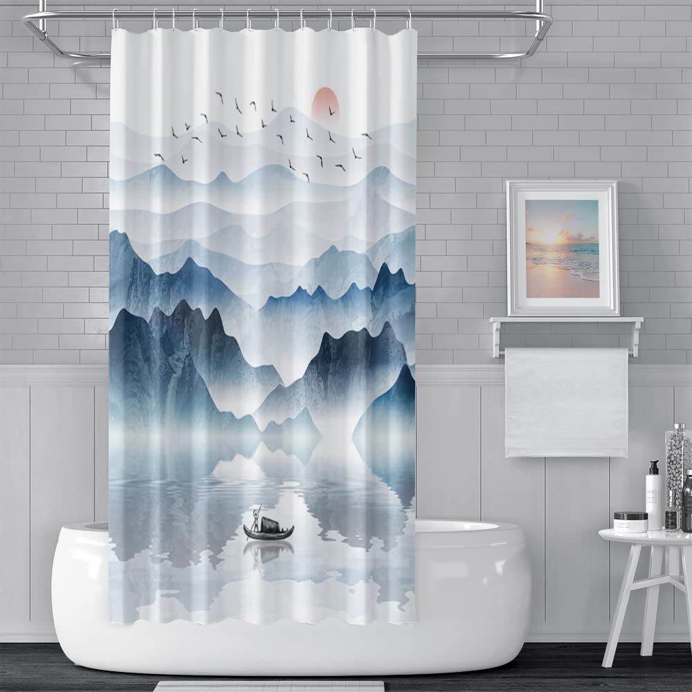 SDOTPMT 72x72 Inch Mountain Landscape Shower Curtain Lake Wooden Boat Red Sun Wild Goose Nature Scenery Foggy Modern Oil Painting Bath Curtain Fabric